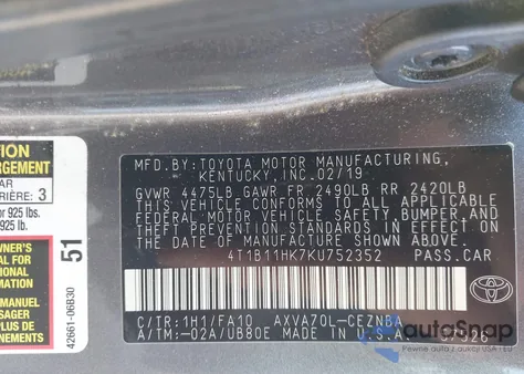 2019 Toyota Camry Le from USA, damaged, VIN 4T1B11HK7KU752352